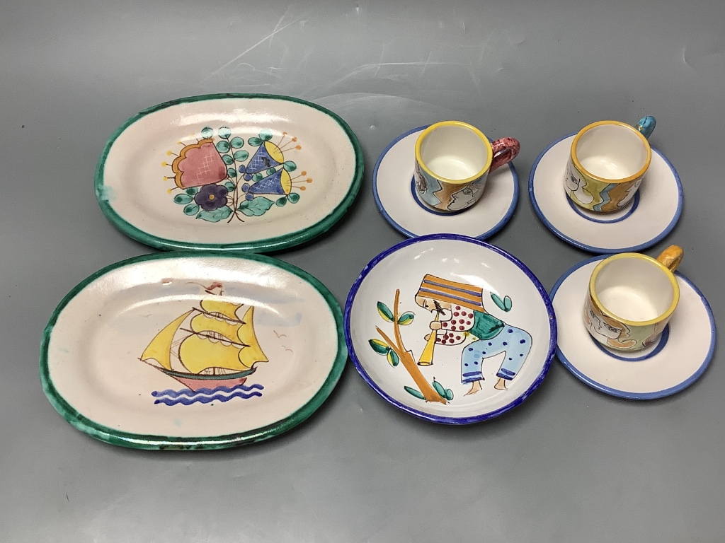 A group of Vietri maiolica wares, 3 cups and saucers and dishes